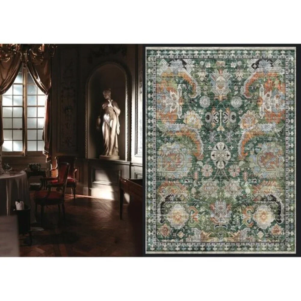 New 5x7 Green Washable Area Rug, Non-Slip Vintage Tribal Carpet for Any Room